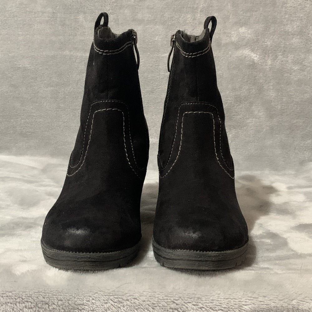 Tamaris Women's Black Suede Ankle Boots US 7.5 EU 38 Block Heel Zip Up Comfort
